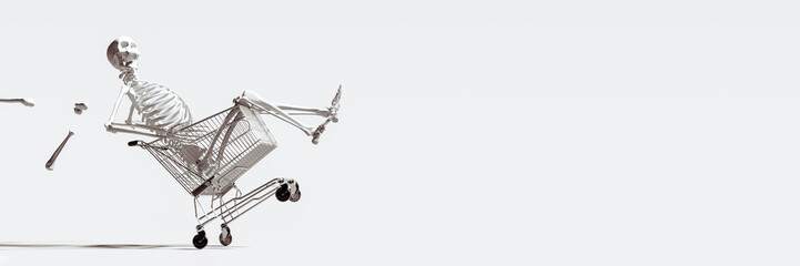 Human skeleton driving in the shopping cart on white background. Hunger for food or shopping...