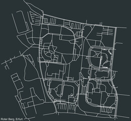 Detailed negative navigation white lines urban street roads map of the ROTER BERG DISTRICT of the German regional capital city of Erfurt, Germany on dark gray background