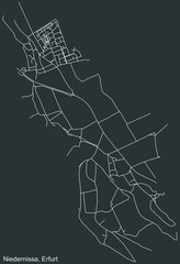 Detailed negative navigation white lines urban street roads map of the NIEDERNISSA DISTRICT of the German regional capital city of Erfurt, Germany on dark gray background