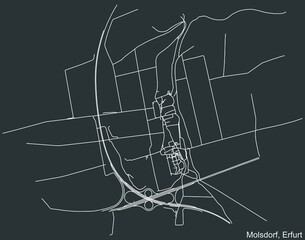 Detailed negative navigation white lines urban street roads map of the MOLSDORF DISTRICT of the German regional capital city of Erfurt, Germany on dark gray background