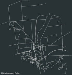 Detailed negative navigation white lines urban street roads map of the MITTELHAUSEN DISTRICT of the German regional capital city of Erfurt, Germany on dark gray background