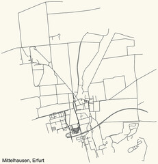 Detailed navigation black lines urban street roads map of the MITTELHAUSEN DISTRICT of the German regional capital city of Erfurt, Germany on vintage beige background