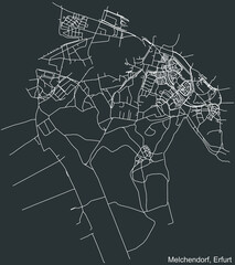 Detailed negative navigation white lines urban street roads map of the MELCHENDORF DISTRICT of the German regional capital city of Erfurt, Germany on dark gray background