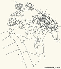 Detailed navigation black lines urban street roads map of the MELCHENDORF DISTRICT of the German regional capital city of Erfurt, Germany on vintage beige background