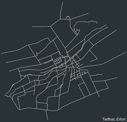 Detailed negative navigation white lines urban street roads map of the TIEFTHAL DISTRICT of the German regional capital city of Erfurt, Germany on dark gray background