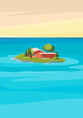 Seascape with red house on island. Natural landscape in vertical format.
