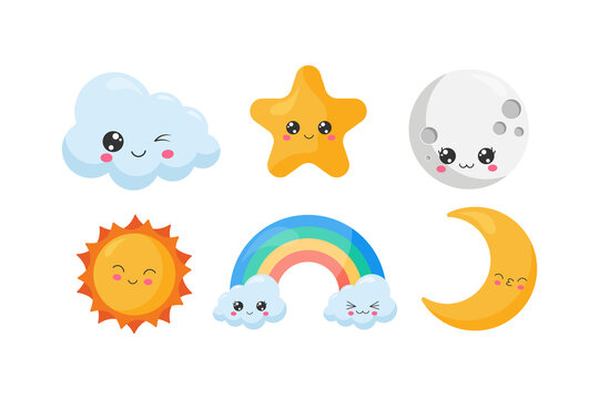 Set of Cute Kawaii Sky Objects. The set contains six cute objects such as cloud, rainbow, star, moon, and sun. Cute little illustration for kids, baby book, fairy tales, covers, baby shower invitation