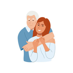 Happy old father hugging smiling adult daughter. Grandfather feeling love and tenderness to his granddaughter. Family members relationship . Flat cartoon vector illustration isolated on white