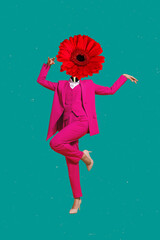Vertical composite collage image of person dancing red flower instead head isolated on drawing...