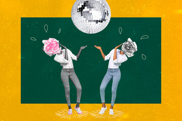 Photo cartoon comics sketch collage of two girls paper balls instead of head dancing school party...
