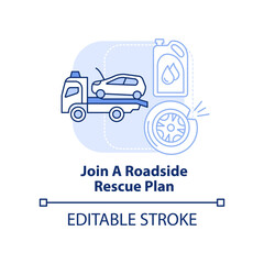 Join roadside rescue plan light blue concept icon. Towing vehicle. Road trip tip abstract idea thin line illustration. Isolated outline drawing. Editable stroke. Arial, Myriad Pro-Bold fonts used
