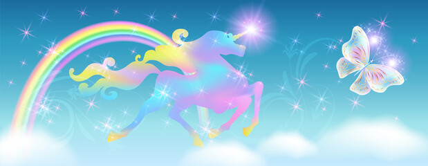 Fototapeta na wymiar Unicorn with luxurious winding mane and flying fairytale butterfly against the background of the fantasy universe with sparkling stars, clouds and rainbow.