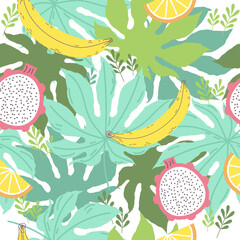 pattern of tropical plants and leaves and fruits. seamless pattern of green tropical leaves.