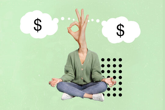 Creative collage picture of person hand finger instead head demonstrate okey symbol thought money profit