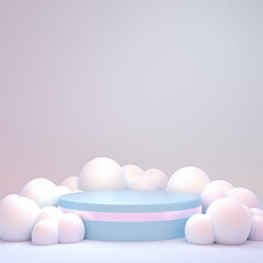 3d rendered empty product display podium surrounded by clouds.