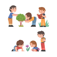 Curious Boy and Girl Near Blooming Flower with Book Studying Plant and Exploring Environment Vector Set