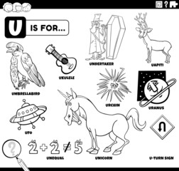 letter u words educational set coloring book page