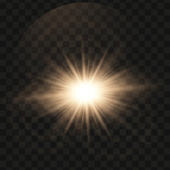 Gold glowing light star on a black background. Transparent shining sun, star explodes and bright flash. Gold bright illustration starburst.