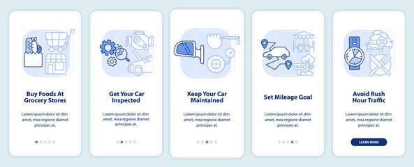 Road trip tips light blue onboarding mobile app screen. Car travel walkthrough 5 steps editable graphic instructions with linear concepts. UI, UX, GUI template. Myriad Pro-Bold, Regular fonts used