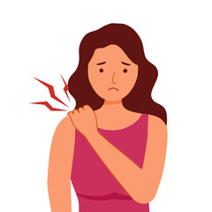Woman with shoulder pain symptom in flat design on white background.