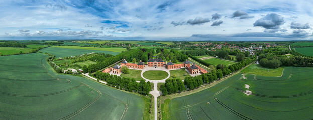 Aerial panoramic view of Castle Bothmer (Germany) from southest