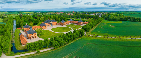 Aerial panoramic view of Castle Bothmer (Germany) from south