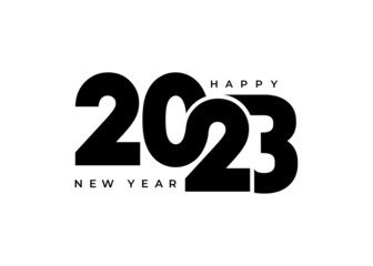 Logo Happy New Year 2023 text design. Cover of business diary for 2023 with wishes. Brochure design template, card, banner, poster, card, banner. Numbers and letters isolated on white background.