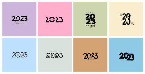 Collection of 2023 Happy New Year logo text design. ?oncept 2023 number design template. Vector colored 2023 Happy New Year symbols. Illustration with black labels isolated on colorful background.