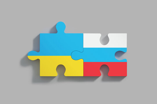 Puzzles painted in the colors of the Russian and Ukrainian flags, the concept of the union of Russia and Ukraine, 3d puzzle peace