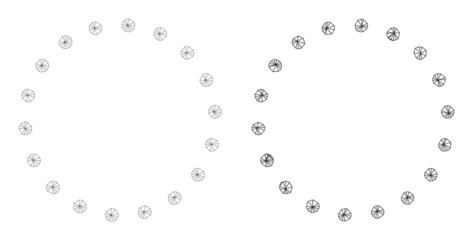 Polygonal mesh dotted circle frame icons. Flat mesh versions are created from dotted circle frame icon and mesh lines. Abstract lines, triangles and points organized into dotted circle frame mesh.