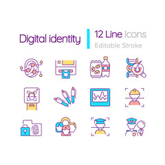 Digital identity RGB color icons set. Biometric data privacy. Scanners for authentication and identification. Isolated vector illustrations. Simple filled line drawings collection. Editable stroke