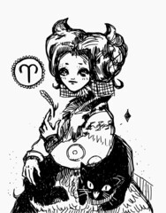 Digitally drawn character. Aries sign. Illustration with a girl portrait with horns.