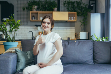 Obraz premium Vaccination concept at home, Pregnant woman vaccinated at home smiling and looking at camera, showing injection site on arm