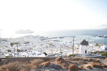 panoramic view city with ocean liner sea