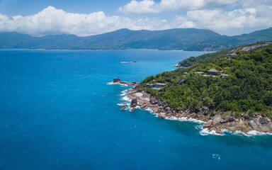 Naklejka na ściany i meble Aerial views of Seychelles islands, a paradise place (aerial drone photo). Seychelles