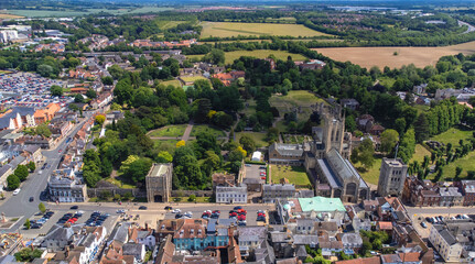 An aerial view of the St Edmundsbury Cathedral in Bury St Edmunds, Suffolk, UK