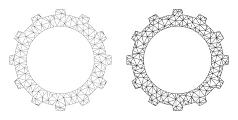 Polygonal mesh gear icons. Flat carcass variants created from gear symbol and mesh lines. Abstract lines, triangles and points combined into gear mesh. Flat carcass mesh model for flat gear pictogram.