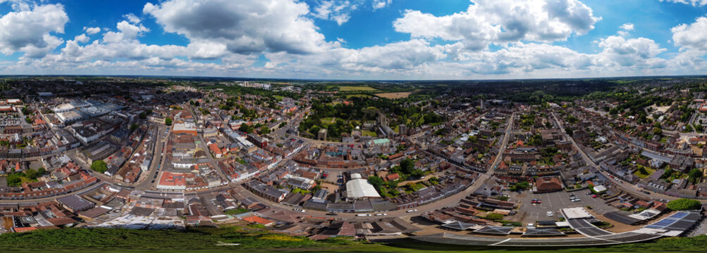 A 360 degree aerial photo of the St Edmundsbury Cathedral in Bury St Edmunds, Suffolk, UK