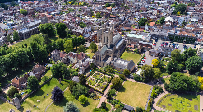 An aerial view of the St Edmundsbury Cathedral in Bury St Edmunds, Suffolk, UK