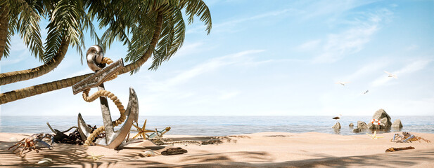 Huge nautical anchor with sailors rope under the palm tree on beautiful sandy beach 3D Rendering, 3D Illustration © hd3dsh