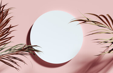 Fototapeta na wymiar White mock up circle with palm leaves decoration on pink background 3D Rendering, 3D Illustration
