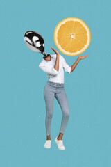 Vertical composite collage illustration of person spoon instead head hands hold slice orange fruit