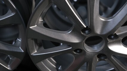 close up view on beautifu ray alloy, aluminum, metal disks for car on stand in a shop. Car wheel...
