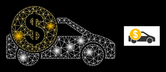 Glossy mesh car cost constellation icon with light spots. Illuminated vector constellation is created from car cost glyph. Sparkle carcass polygonal car cost on a black background.