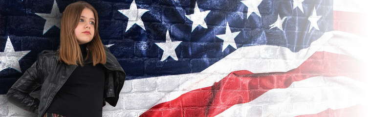 Teenage girl with american flag background. Waving american flag with copy space.