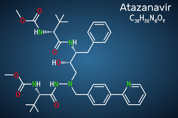 Atazanavir molecule. It is antiretroviral medication, used for the treatment of HIV. Structural chemical formula on the dark blue background