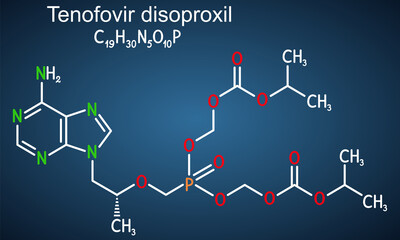 Tenofovir disoproxil molecule. It is prodrug of tenofovir, used in the treatment of hepatitis B and HIV infection. Structural chemical formula on the dark blue background