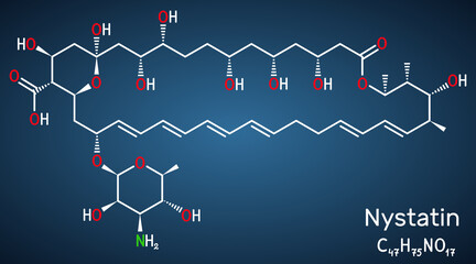 Nystatin molecule. It is polyene ionophore antifungal medication with fungicidal, fungistatic activity for treatment of Candida infections. Structural chemical formula on the dark blue background.