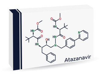 Atazanavir molecule. It is antiretroviral medication, used for the treatment of HIV. Skeletal chemical formula. Paper packaging for drugs.