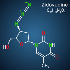 Zidovudine, ZDV, azidothymidine, AZT molecule. It is synthetic dideoxynucleoside, used in the treatment of HIV and AIDS. Structural chemical formula on the dark blue background.